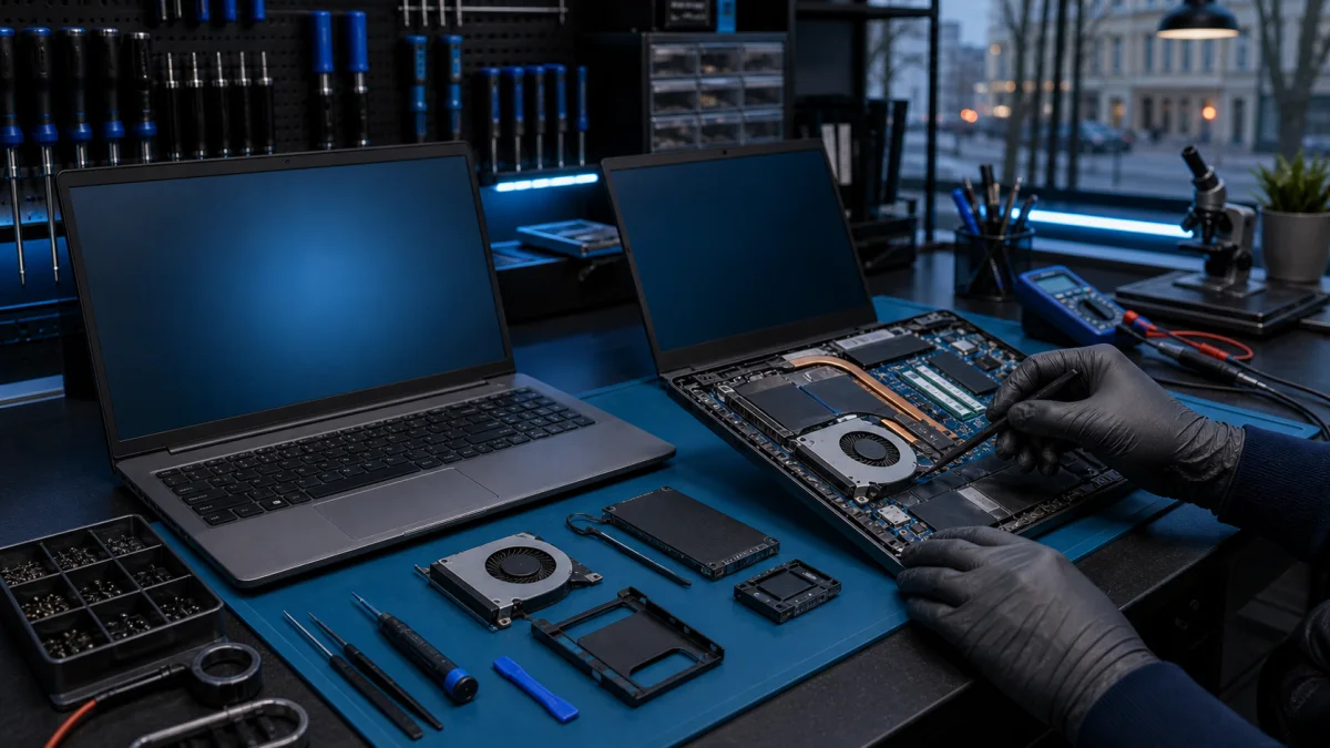 Acer-style laptop repair in Helsinki on a professional workbench without logos