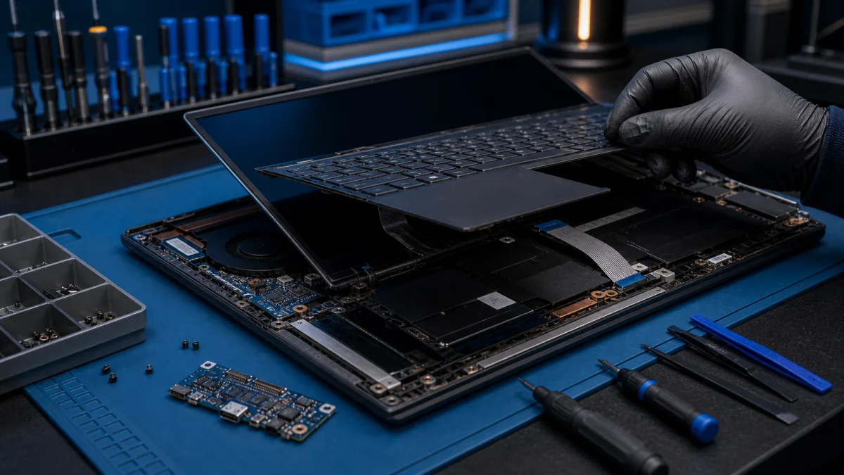 Asus-style laptop repair in Helsinki with exposed cooling parts and no logos