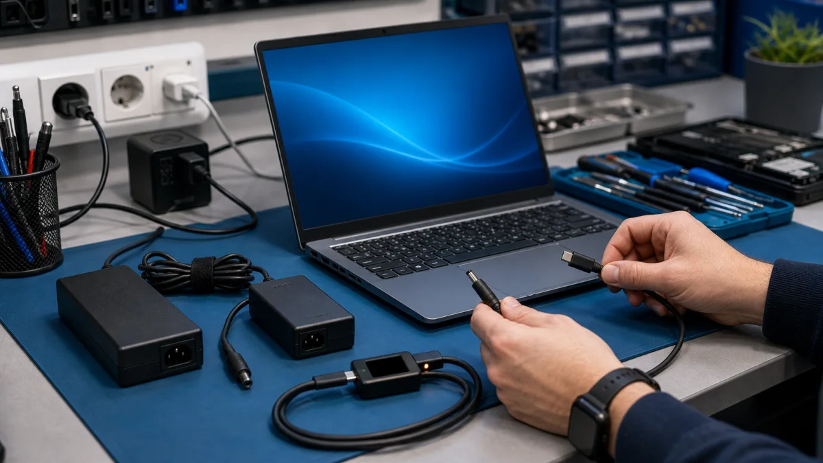 Laptop charger and USB-C power adapter compatibility check on a repair bench