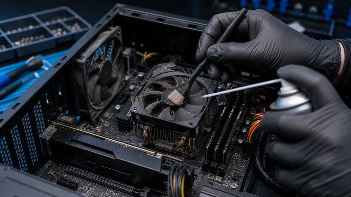Dust being cleaned from a desktop computer fan and heatsink