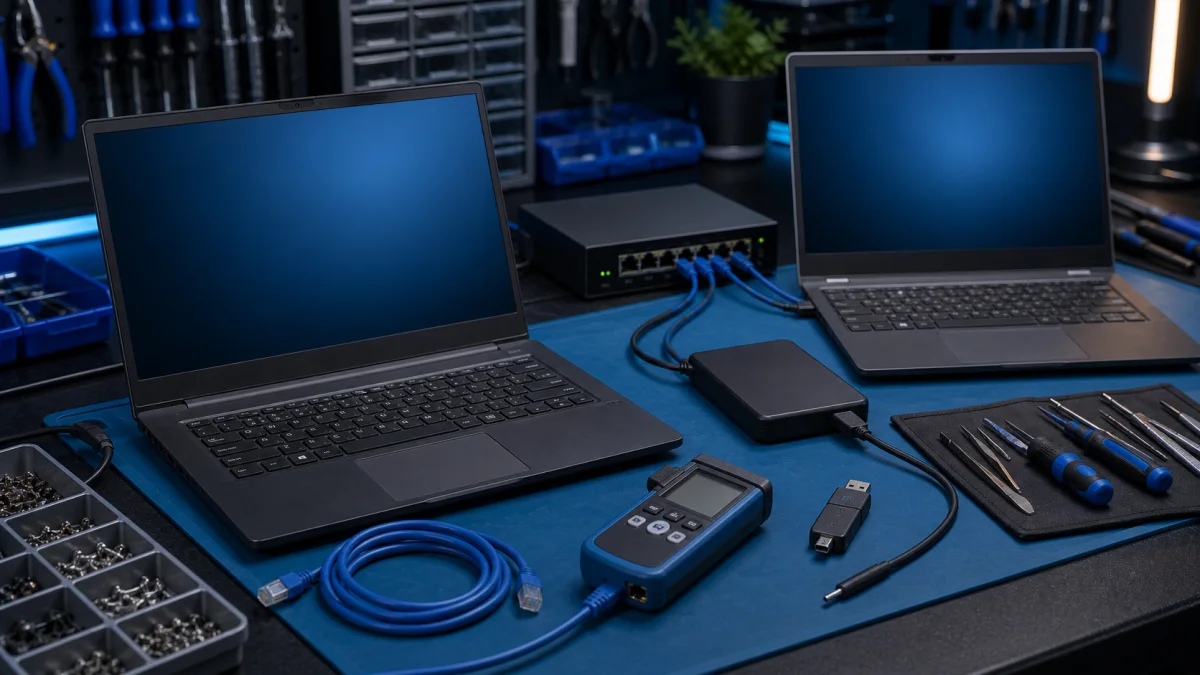 Business laptop maintenance and network diagnostics on a service bench
