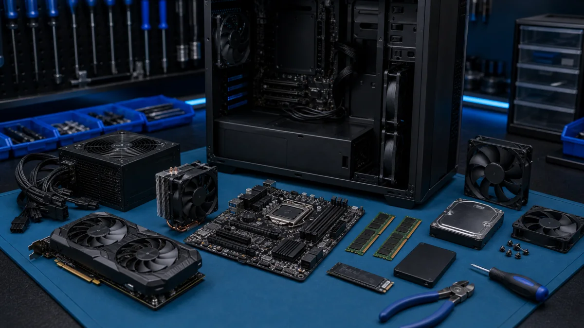 Desktop computer parts arranged for diagnosis and upgrade planning