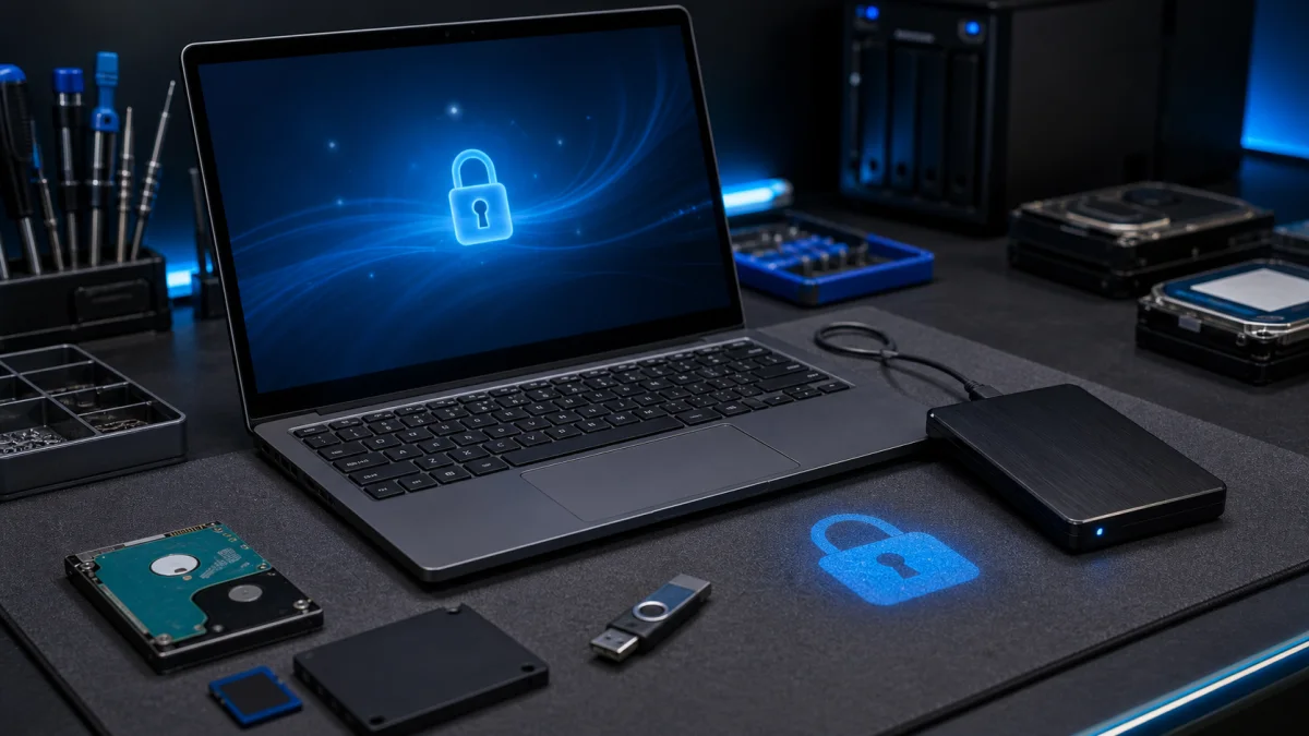 File encryption setup with laptop and secure storage drive