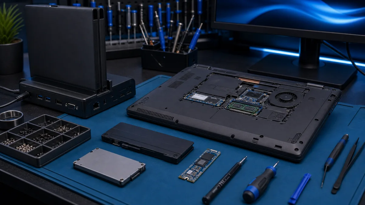 Fujitsu-style business laptop repair on a local Helsinki workbench without logos