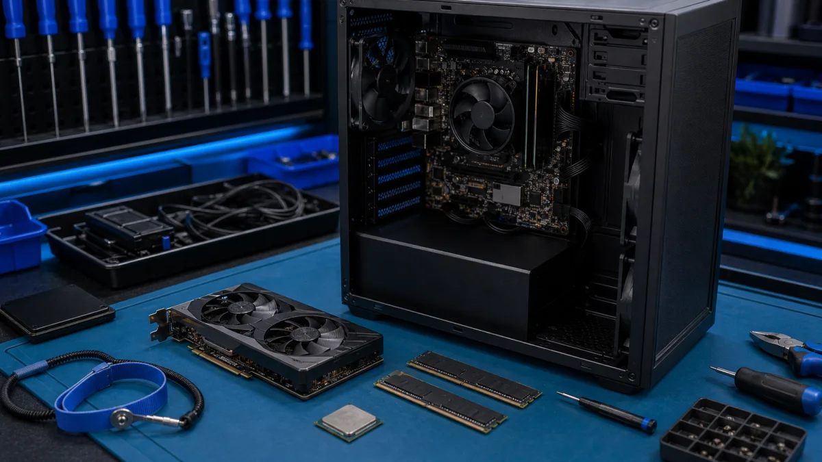 PC component installation on an anti-static repair bench