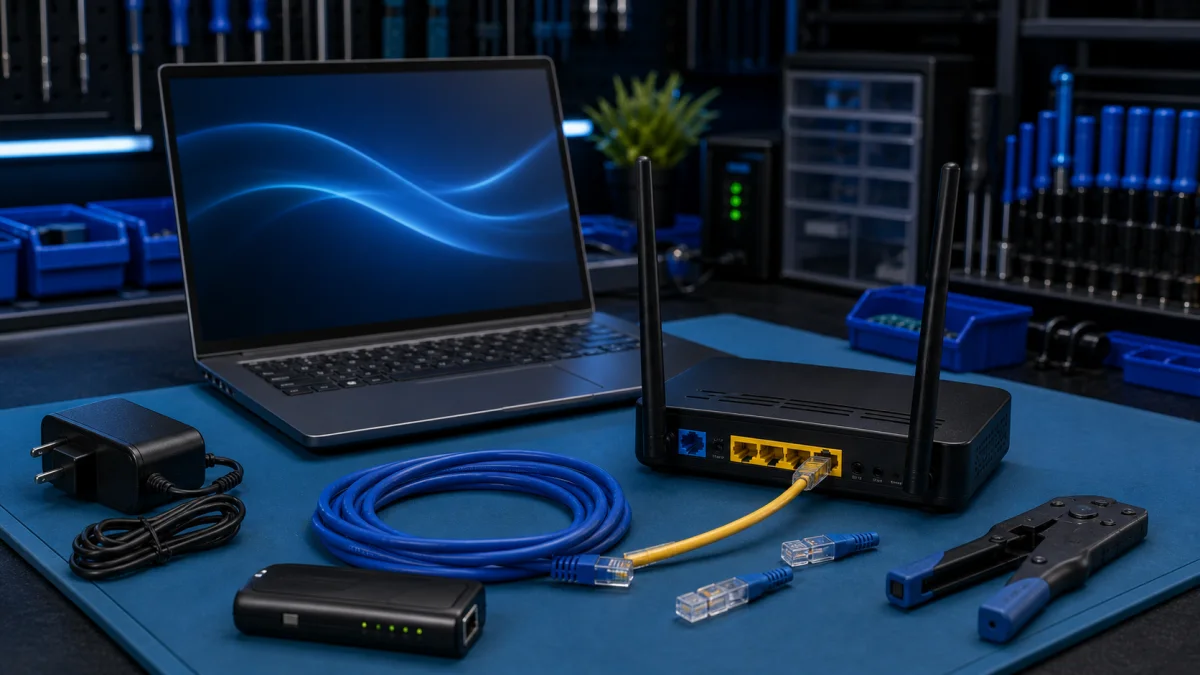 Broadband router and laptop connection setup on a service bench