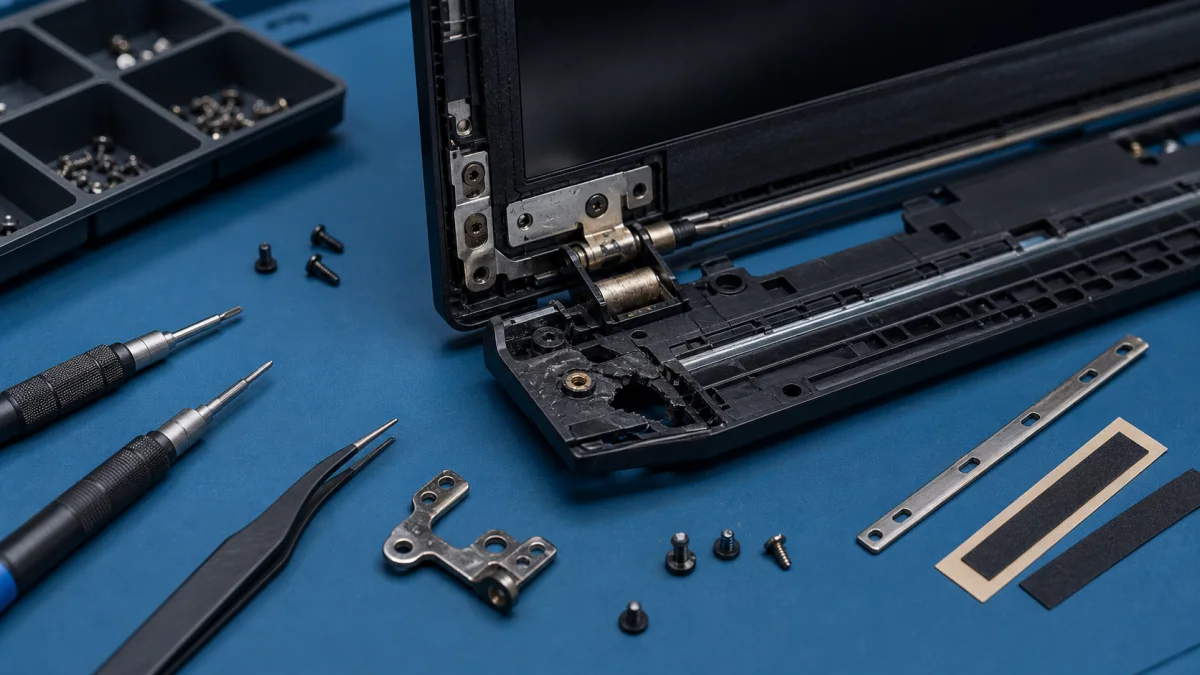 Laptop hinge repair on a Helsinki repair bench