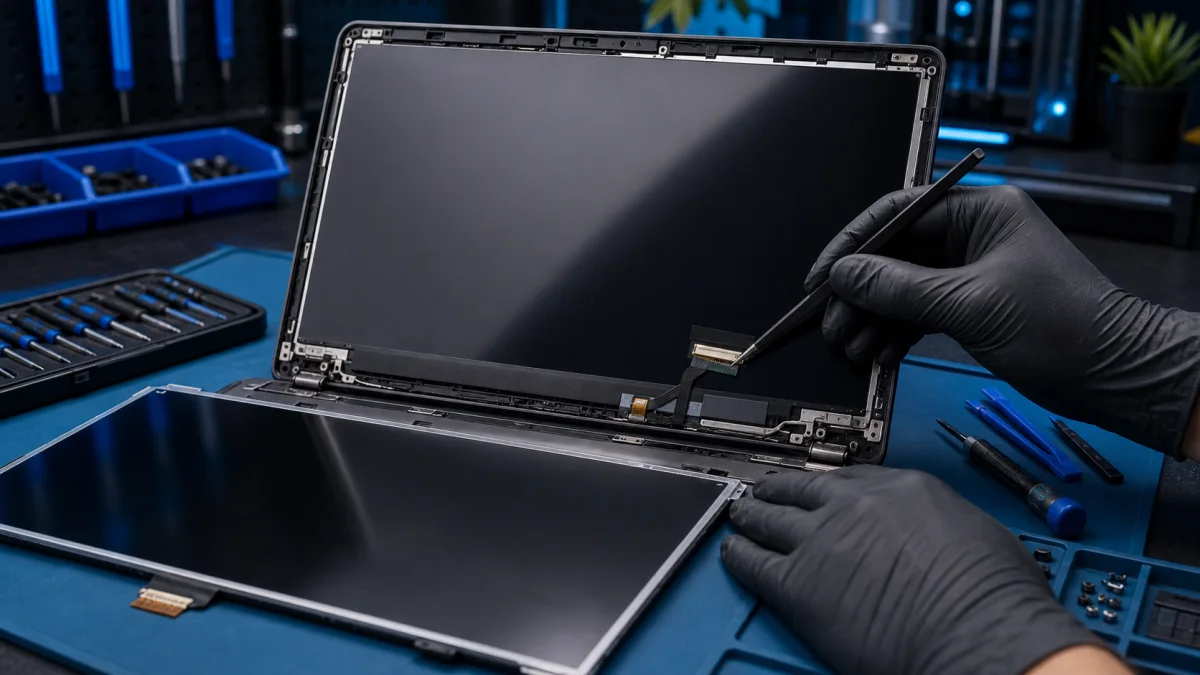 Laptop screen replacement with display cable visible