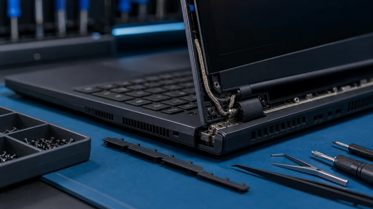 Lenovo-style laptop repair in Helsinki on a professional workbench without logos