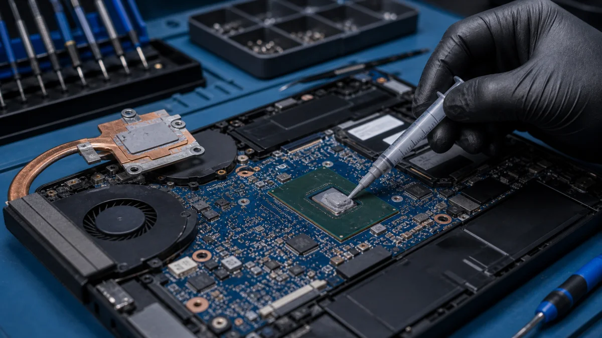 Fresh thermal paste applied to a laptop processor during service