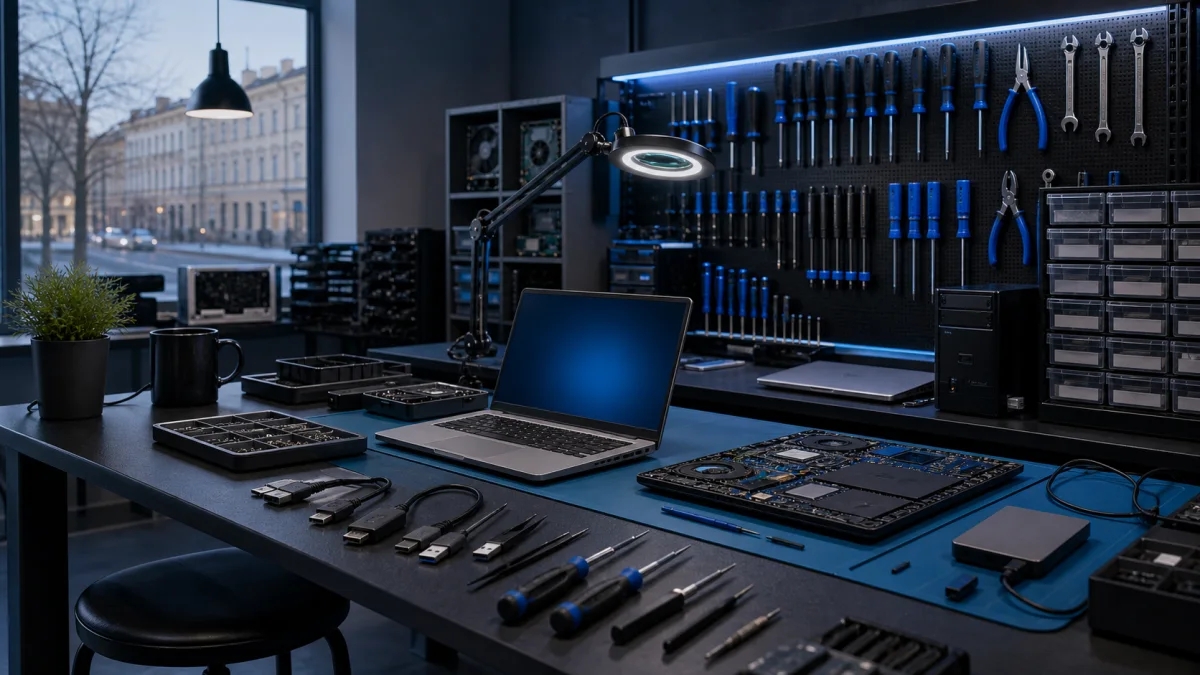 Local Helsinki computer repair shop workbench with laptops and tools