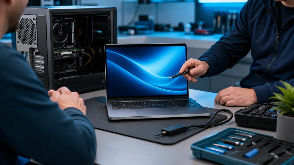 Windows 11 upgrade planning on a computer repair consultation desk