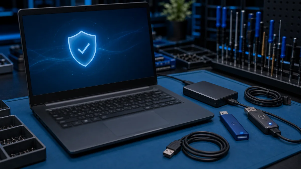 Windows security check on a laptop repair bench