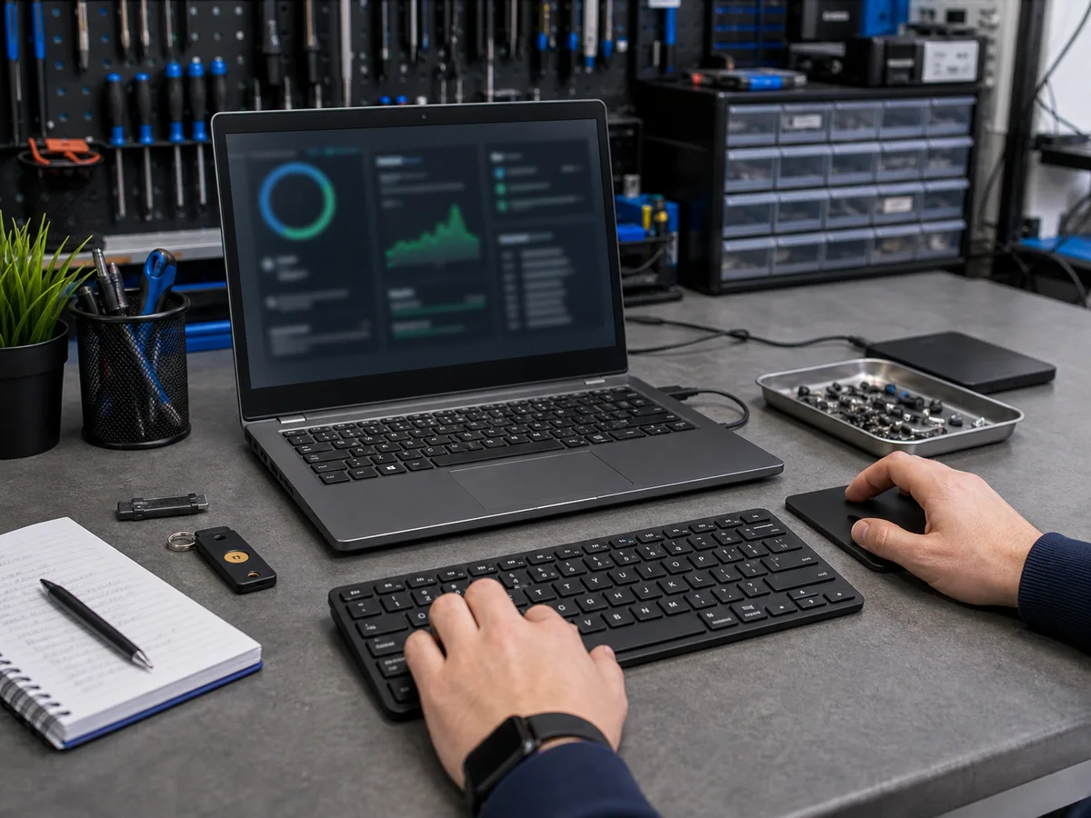 Windows security check on a laptop in a repair workshop
